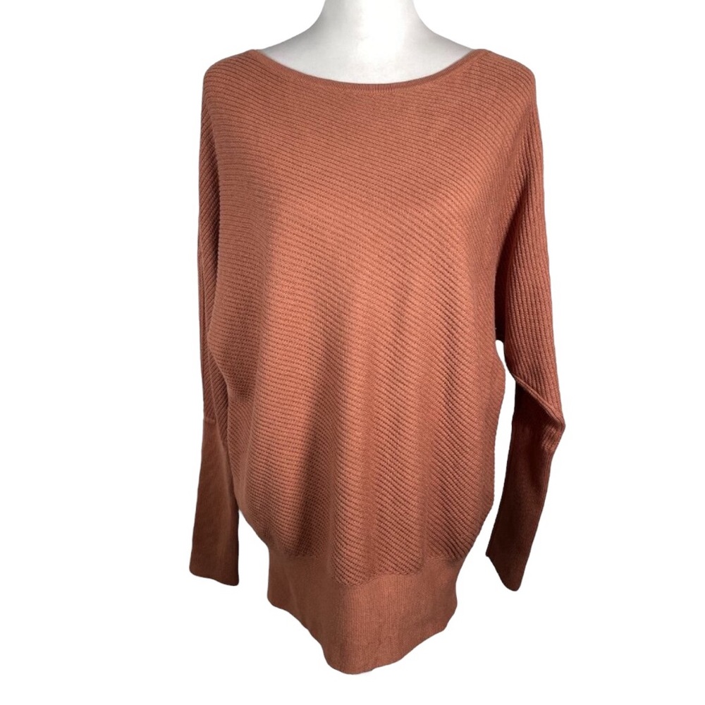 Light Brown Orange Boat Neck Ribbed Knit Batwing Sleeve 3/4 Sleeve Pullover L